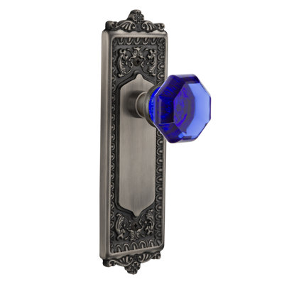 Cobalt Crystal Waldorf Interior Mortise Door Knob with Egg & Dart Long Plate