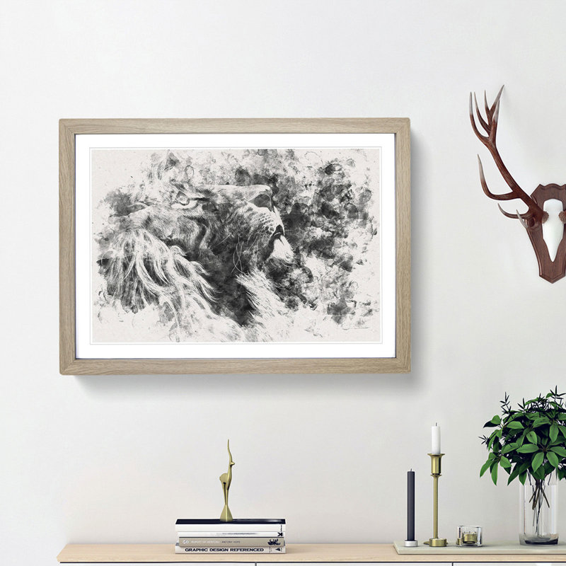Majestic Lion Illustration Watercolour - Picture Frame Graphic Art Print, Oak Framed, 24cm H x 33cm W x 2cm D