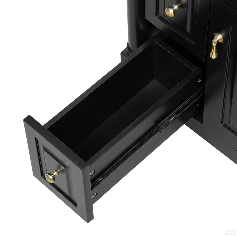 24 Inch Bathroom Vanity With Sink, Black Freestanding Bathroom Cabinet With Flip Drawer, Adjustable Shelf, Solid Rubberwood Frame, MDF Panels & Metal Handles
