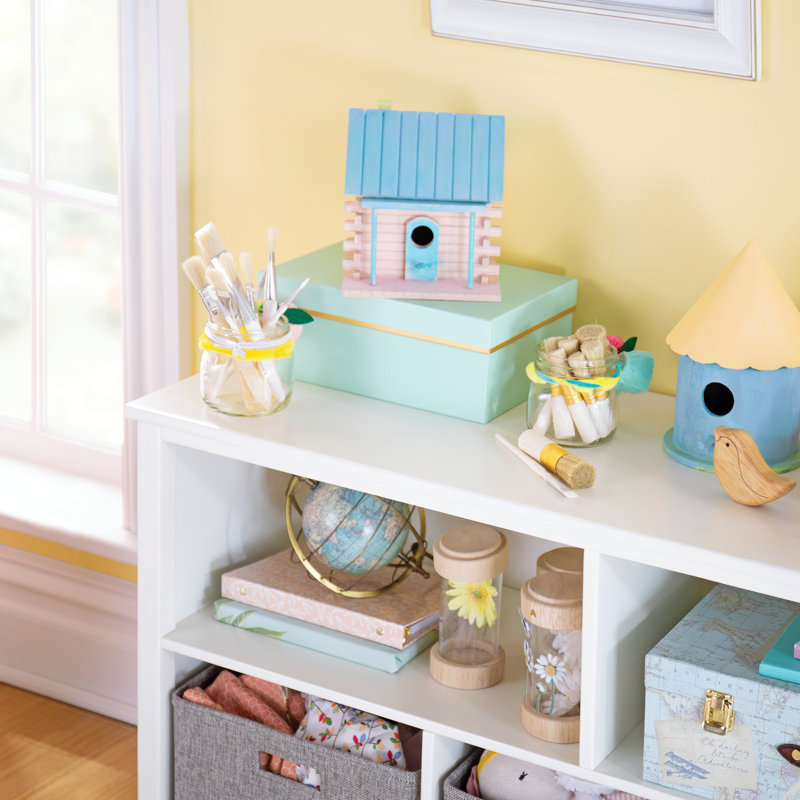 Creamy White Wooden Kids' Low Bookcase with Fabric Bins
