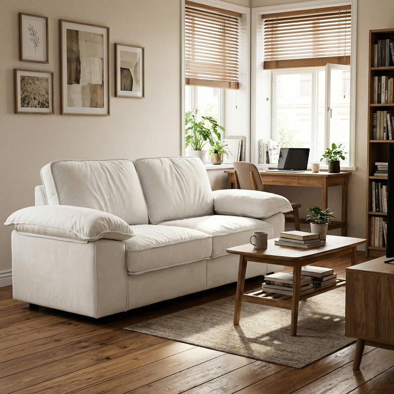 Canapé deux places contemporain Space Contemporary, blanc crème, 200 cm (78,74 pouces), avec rangement dissimulé, sièges et dossier rembourrés en mousse haute densité, 2 compartiments de rangement, format compact 200 cm (79 pouces), confortable et moelleux.