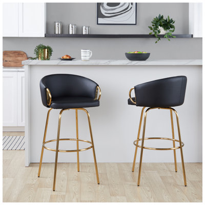 Tabouret de bar 30 po contemporain à hauteur fixe pivotant en métal doré et similicuir noir avec repose-pieds rond en métal doré - ensemble de 2