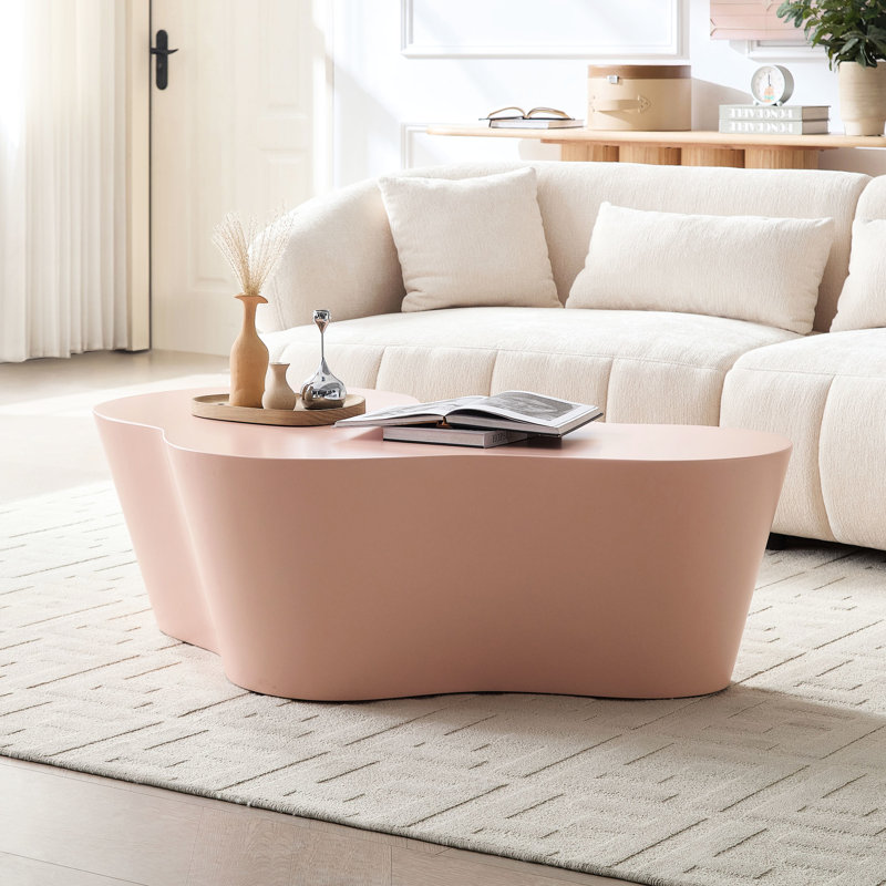 Table basse rose en fibre de verre de 127 cm (50 pouces), style moderne du milieu du siècle, aucun assemblage requis, surface esthétique, durable et facile à nettoyer.