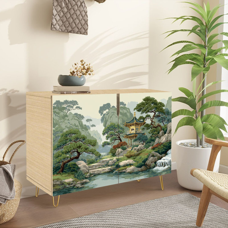 Sideboard Buffet Cabinet with Storage Serene Traditional Asian Landscape Pavilion Pine Trees Waterfall with 2 Doors for Living Room and Kitchen
