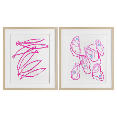 Ensemble de 2 impressions encadrées sous verre Minimal Pink Fish & Oysters, par Lil 'Rue