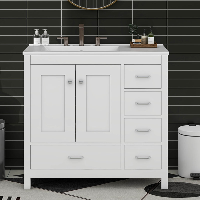 Ensemble de meuble-lavabo avec lavabo en céramique, armoire de rangement abondante, 2 portes à fermeture en douceur et 5 tiroirs