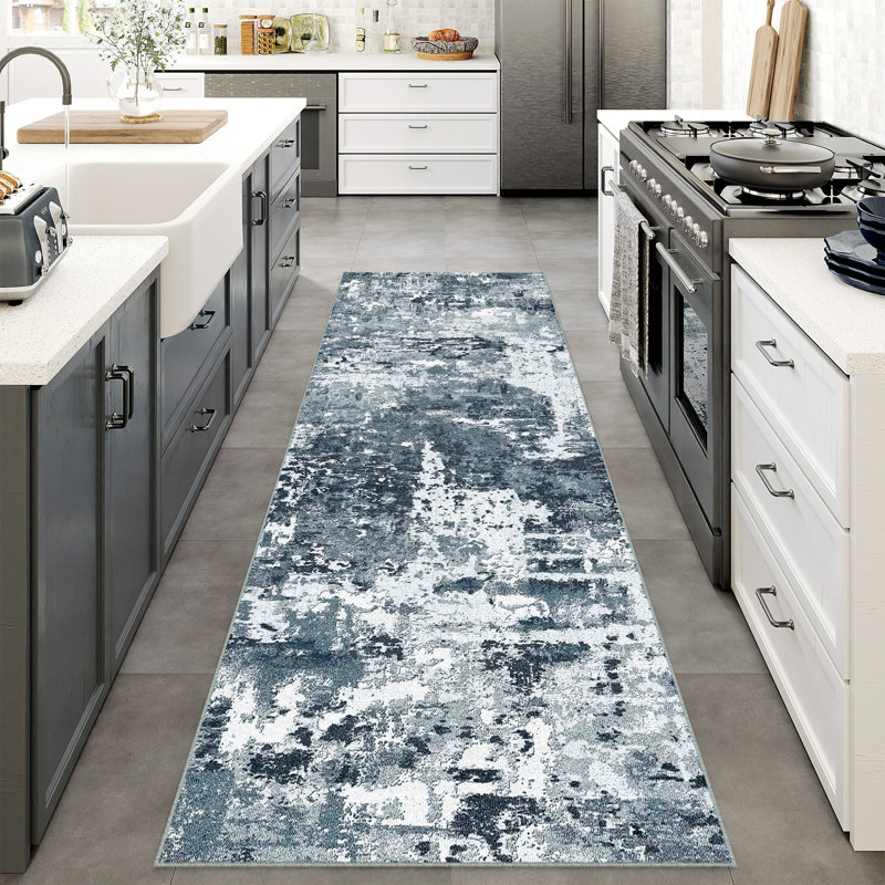 Vellum Home Abstract Textured Area Rug in Blue, Runner 2' x 8', Blue White
