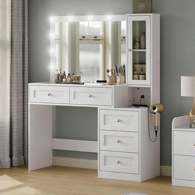 Meuble-lavabo 43 po avec miroir et 11 lumières, bureau de maquillage moderne à 5 tiroirs avec plateau en verre, 3 modes d'éclairage réglables, prise de courant, chambre à coucher