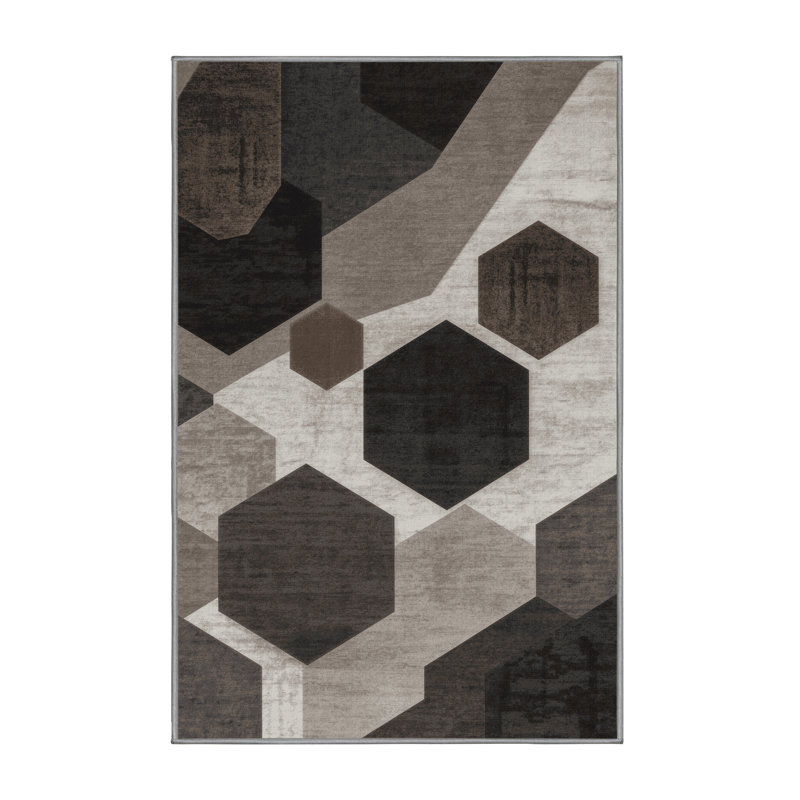 Machine Washable Penola Modern & Contemporary Geometric Shapes Rug in Gray – Gray Binding, 7 x 10