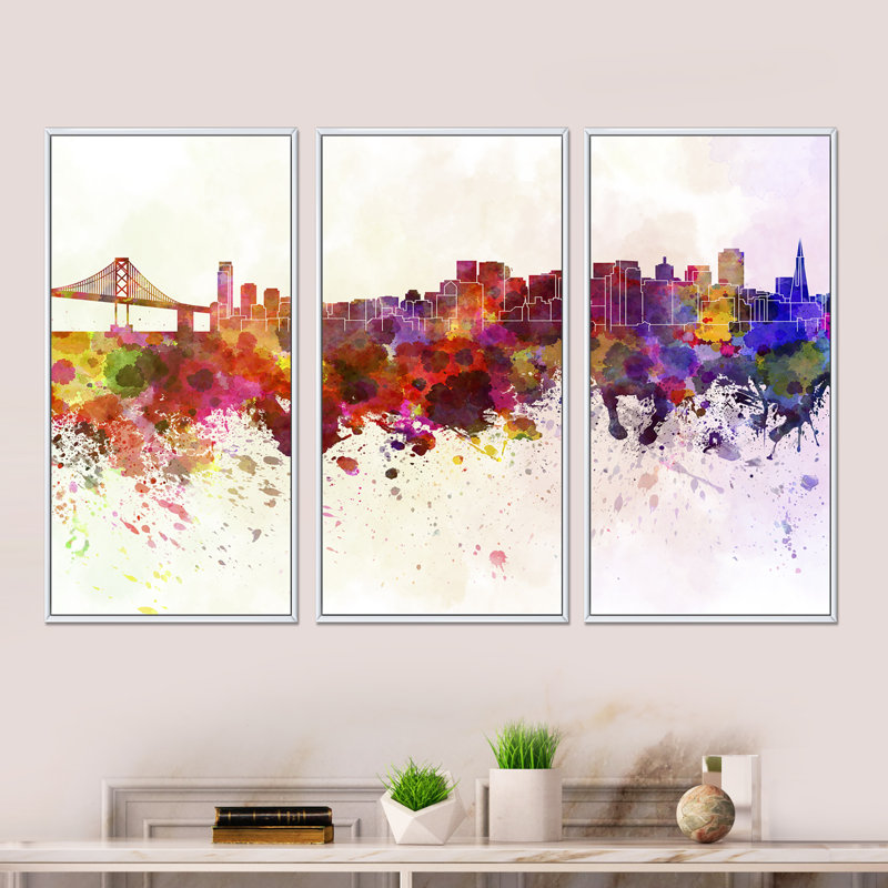 San Francisco Skyline - 3 pièces, cadre flottant, impression sur toile, L 36 po x H 28 po, Cadre blanc