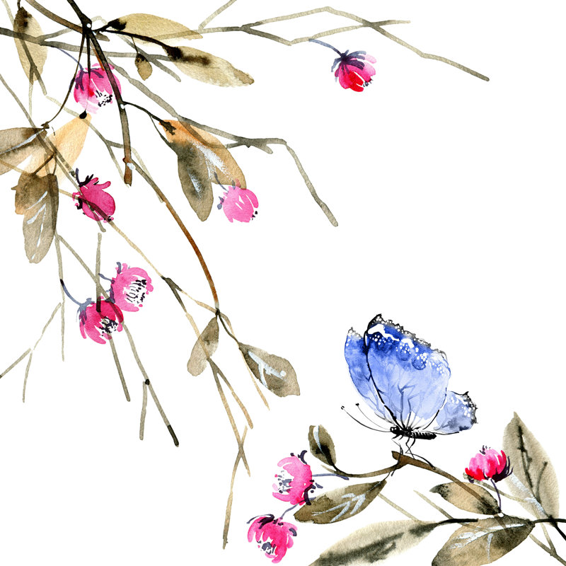 " Blossom Tree And Butterfly " by Ola_Tarakanova, 12" H x 12" W