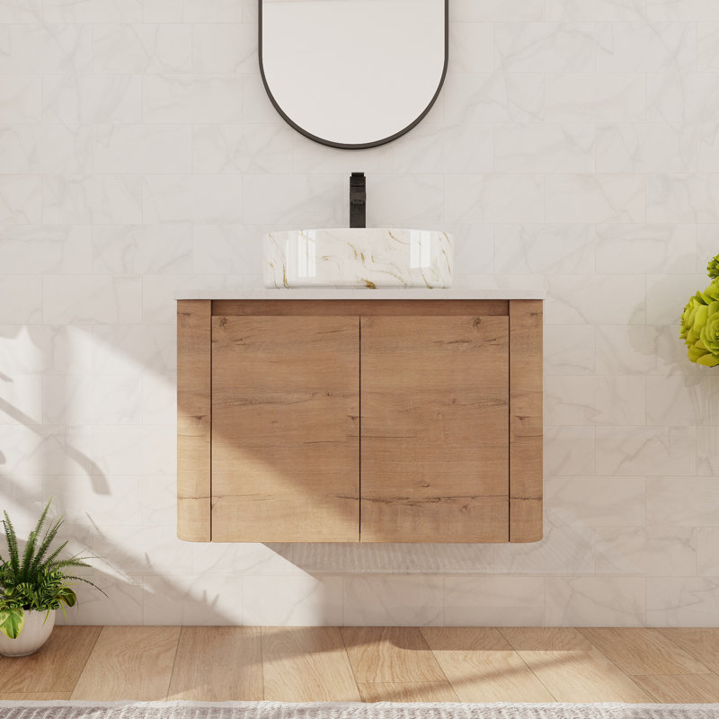 Meuble-lavabo flottant simple 30 po avec lavabo d'art en céramique, meuble-lavabo mural avec 2 portes à fermeture douce