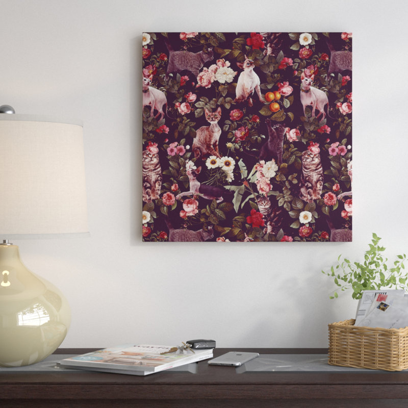 Motif floral et chats, impression sur toile tendue, H 26 po x l 26 po x P 1,5 po, Pas de tapis, Toile tendue