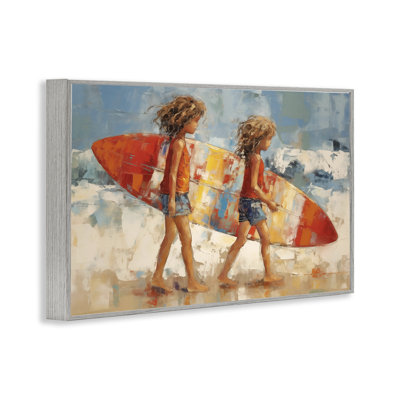«Kids with Surfboard», estampe numérique encadrée par Petal Prints Design