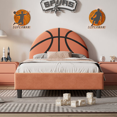 Lit plateforme tapissier Basketball Design pour enfants et garçons, adolescents, orange, lit