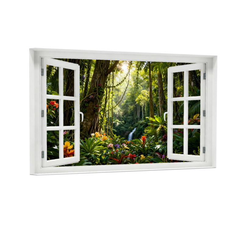 Paysage et forêt naturelle vue par une fenêtre ouverte avec des fleurs, H 16 po x l 24 po