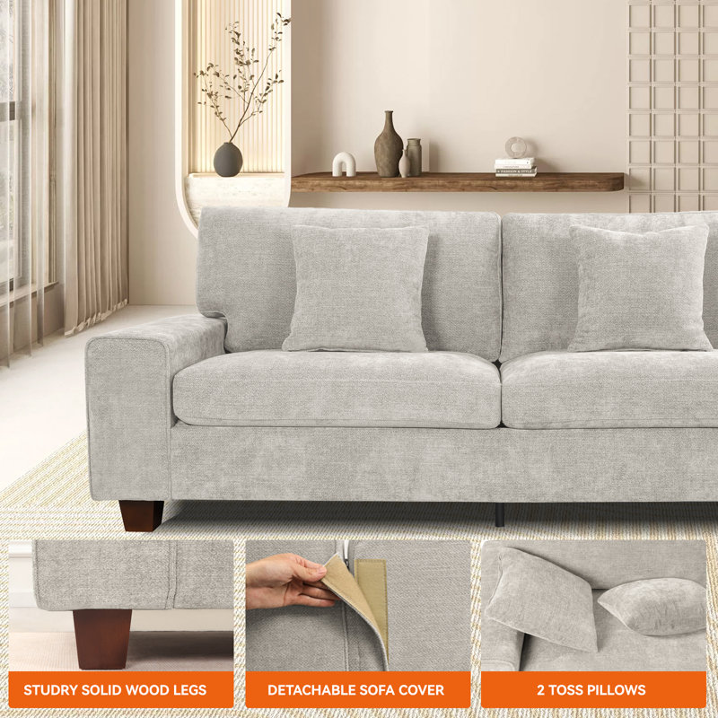 Karlita 3-Seater 89'' Solid Wood Leg Upholstered Sofa with Square Armrests and 2 Throw Pillows, Beige