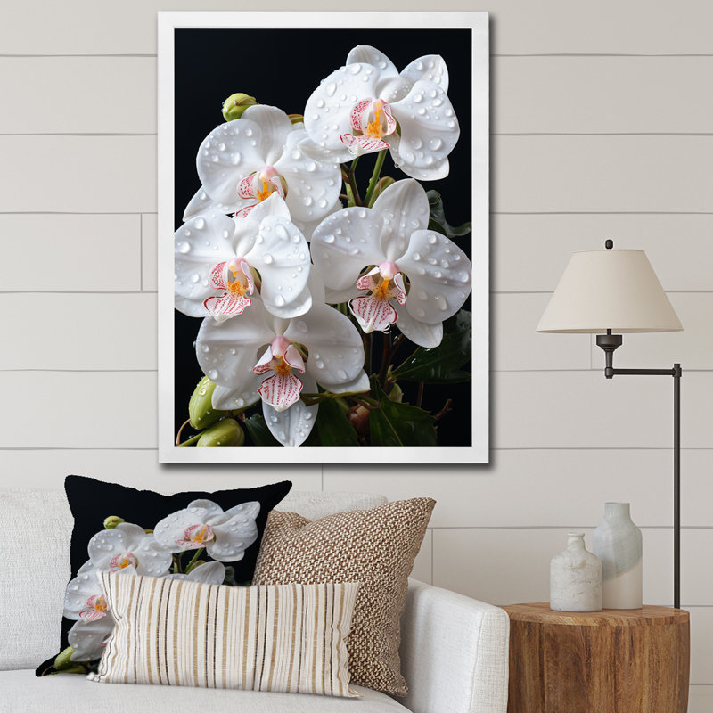 Orchidée noire et blanche, pointillisme délicat sur toile, H 40 po x l 30 po x P 1,5 po, Cadre photo blanc