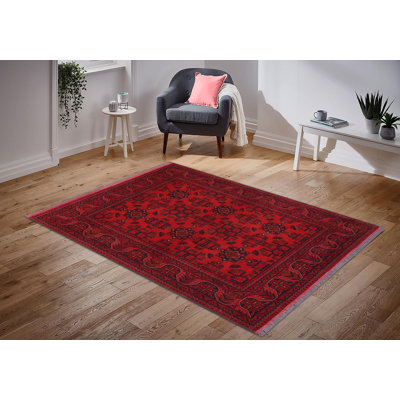 Tapis rouge / noir à motif géométrique et oriental en laine noué à la main 4 pi 10 po x 6 pi 4 po Cremeans