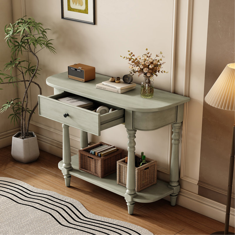 Narrow Console Table With Curved Corner, Retro Entryway Table With Top Drawer And Open Shelf, Sofa Table Console Tables For Entryway, Hallway And Living Room (Gray)