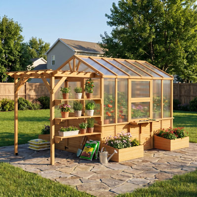 Premium Cedar Wood Greenhouse With Pergola – All-Season Garden House With Polycarbonate Panels & Built-In Workspaces