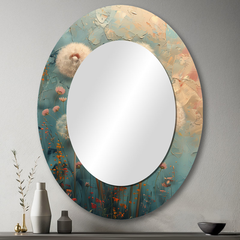 Art Nouveau White Dandelion Collage II - Modern Oval Wall Mirror, 43" x 33"