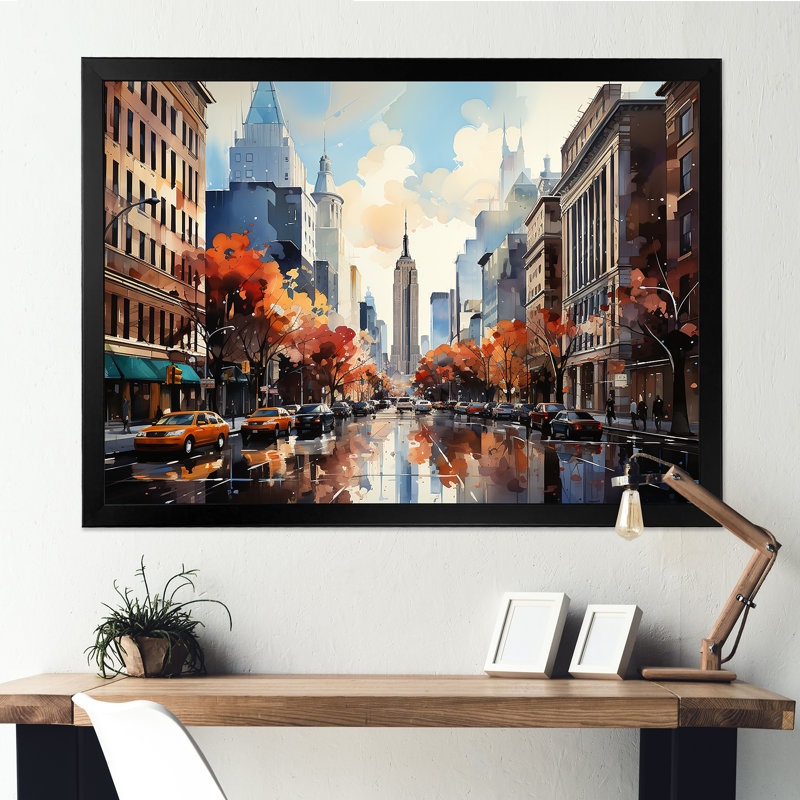 Automne, brise de New York, art sur toile New York, Cadre d'angle fermé noir, H 34 po x l 44 po x P 1,5 po