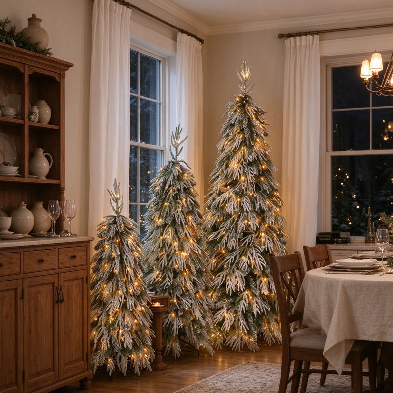 Ensemble de 3 sapins de Noël enneigés à cascade, sapins pleureurs floqués préilluminés avec télécommande, sapins de Noël fins de 1,20 m, 1,50 m et 1,80 m avec 8 modes d'éclairage pour la décoration intérieure des fêtes