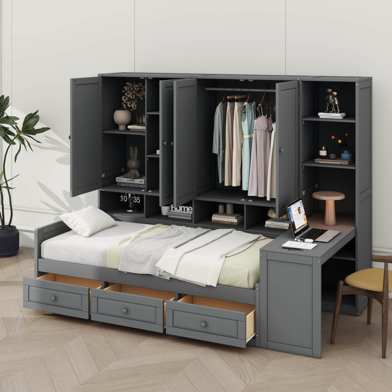Lit de jour en bois avec trois tiroirs, rangement combiné, bureau et système d'étagères, gris, Simple