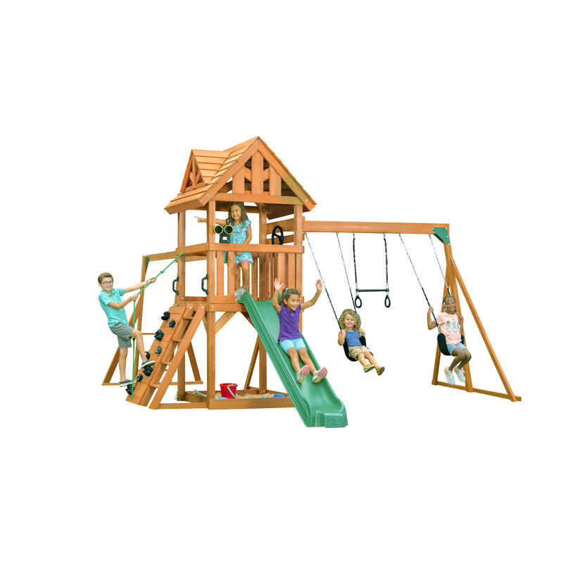 Ensemble de jeu Mountain View Lodge avec toit en bois et balançoire à glissade verte, Vert