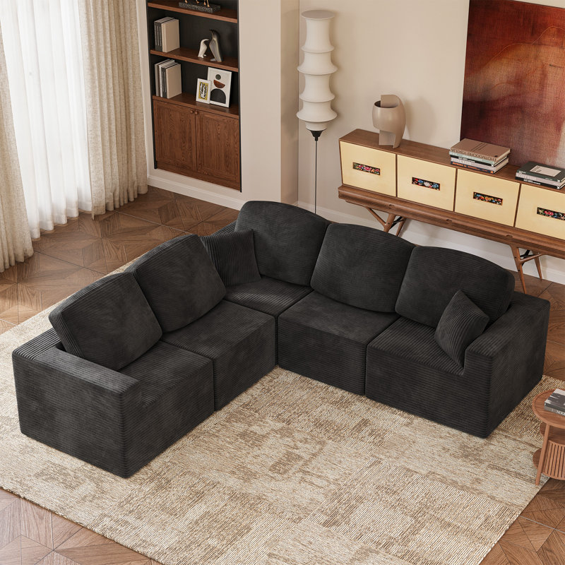 Boneless L-Shaped Modular Sectional Couch, Cloud U-Shaped Sectional Sofa with Wide Armrest, Black Corduroy