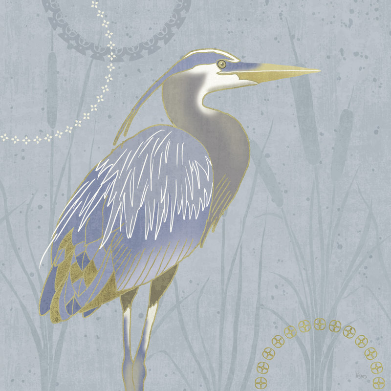 Heron Egret By The Shore II, bord de mer, oiseau, bleu, gris, jaune, H 24 po x l 36 po x P 1,5 po