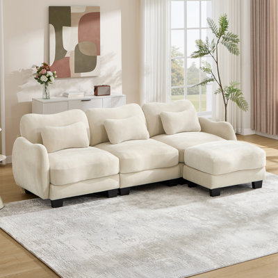 Canapé en L Chenille avec 1 repose-pieds mobile, canapé modulaire surdimensionné à 3 places avec 3 coussins de taille exquise, conception ergonomique, canapé modulaire facile à assembler pour le bureau du salon,