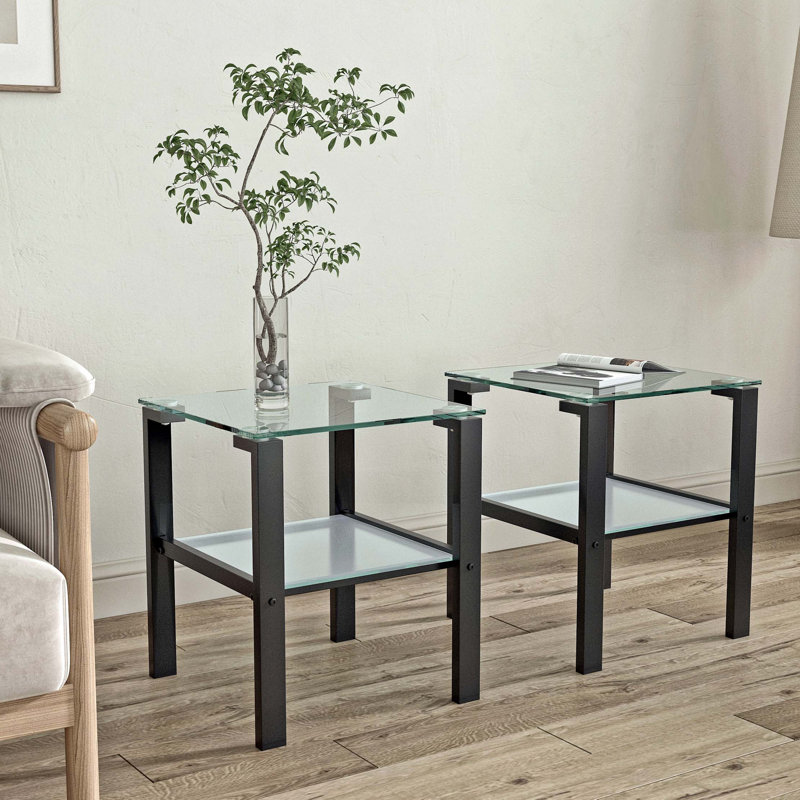 Table de bout moderne 18 "à 2 niveaux en verre, ensemble de 2, Transparent, Noir