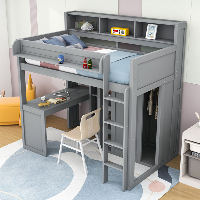 Lit mezzanine simple avec bureau intégré et tablettes, Gris