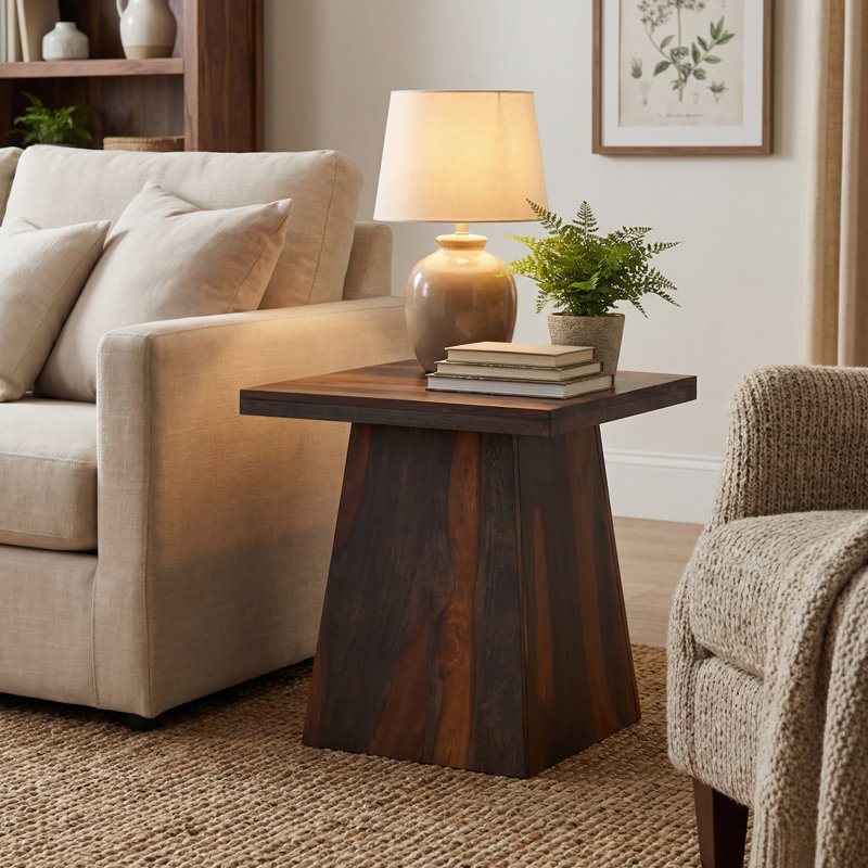 Solid Sheesham Wood End Table with Angular Pedestal Base