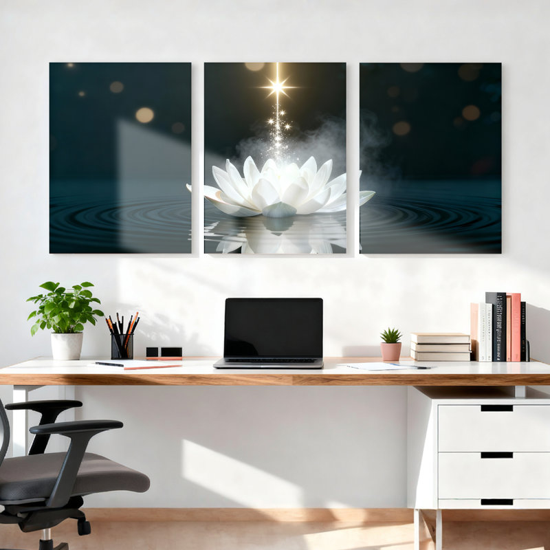 Ensemble de 3 tableaux sur toile tendue représentant une fleur de lotus blanche avec reflet d'étoiles, H 24 po x l 48 po