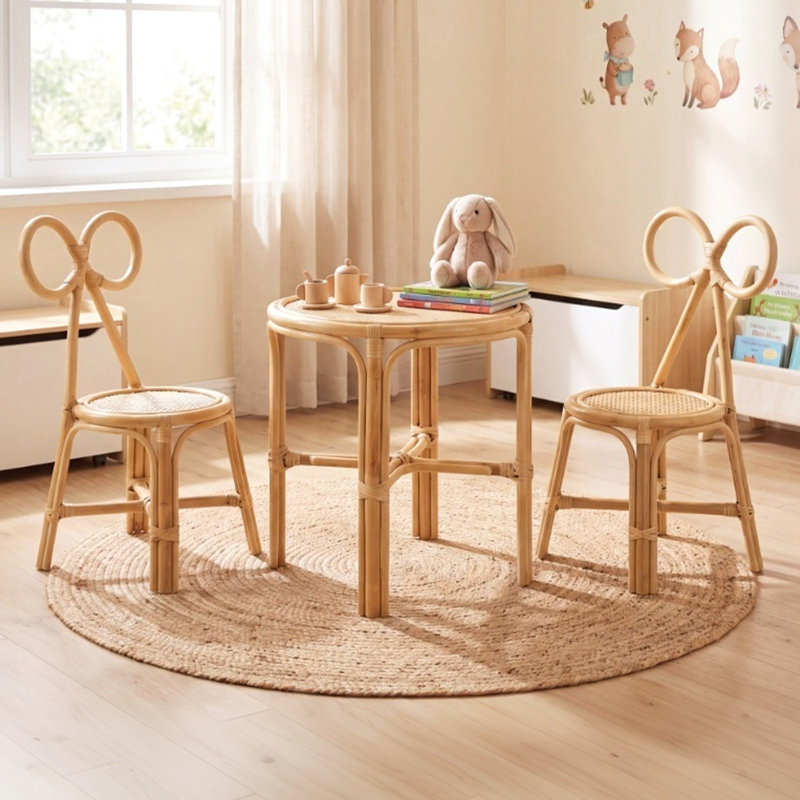 Rattan Kids Table Sets With Backrest For Playroom/Kids Room/Bedroom, Table, 2 Chairs