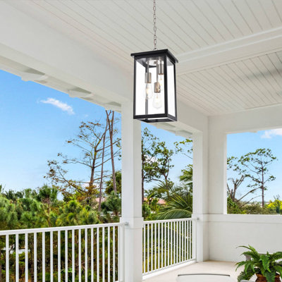 Modern Industrial Black And Brushed Nickel Outdoor Pendant Light With Clear Glass Panels, 3-Light Exterior Hanging Lantern With Adjustable Chain For Porch, Patio, Entryway And Gazebo, Weather-Resistant Farmhouse Ceiling Lighting Fixture In Matte Black Fi