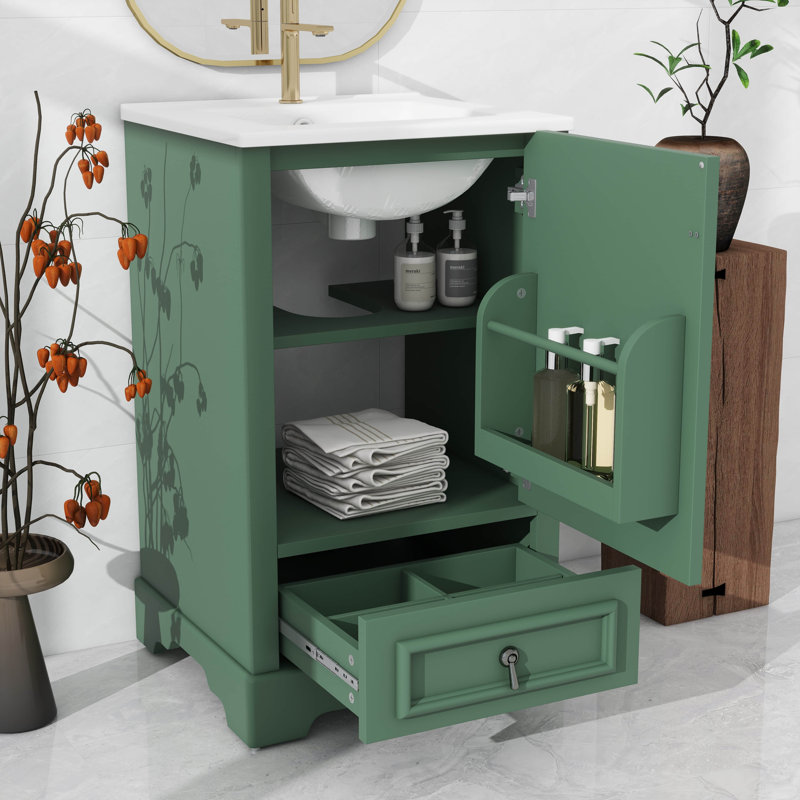 Meuble-lavabo de 20 pouces avec lavabo intégré - style lavabo simple, porte à fermeture en douceur, tablette ajustable en forme de U, tiroir à compartiments