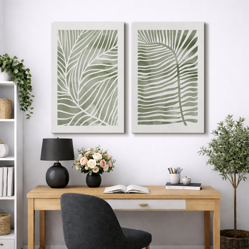 Abstract Botanical "Faded Sage Green Tropical Palm Tree Leaves Artwork, Modern Simple Minimalist Wall Pictures, Framed Canvas Giclee Print 2 Pieces Wall Art Set" 16x24x2 pcs, 24x36x2 pcs