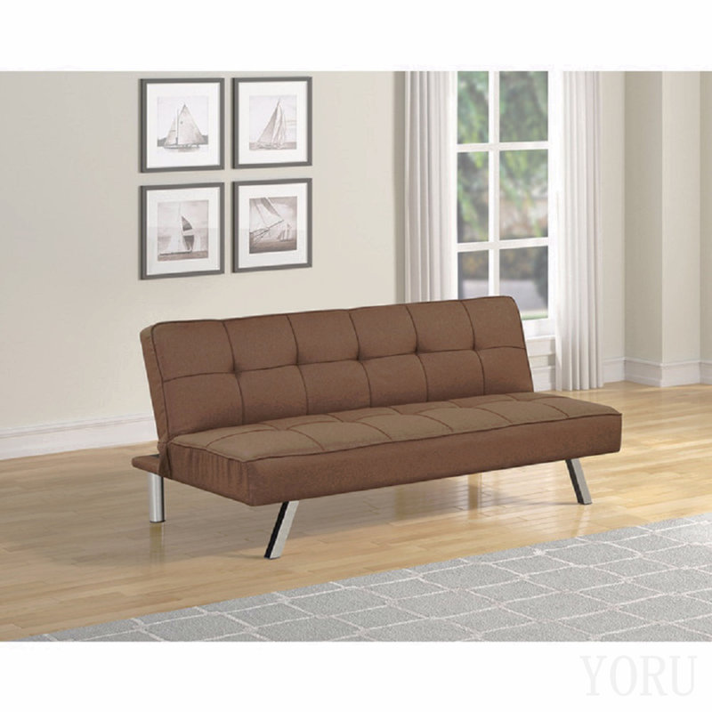 Canapé-lit futon capitonné contemporain pour salon, avec pieds en métal et revêtement en lin marron.