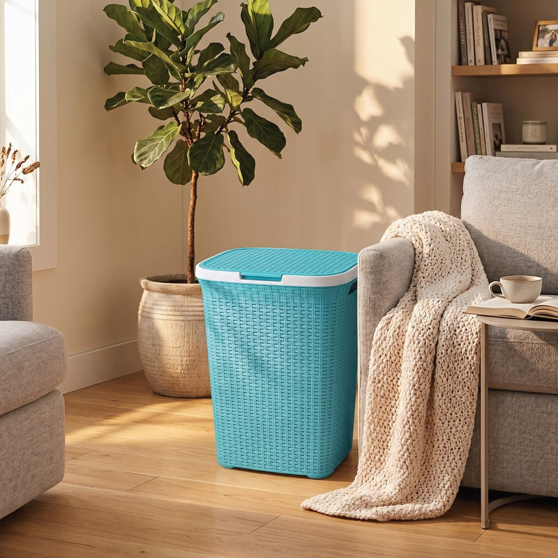 65L Large Laundry Hamper with Lid – Plastic Rattan Effect Laundry Basket for Dirty Clothes Storage – Space Saving Washing Basket with Handles