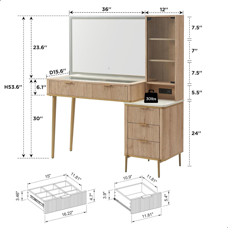 Zadia 48" Makeup Vanity with 36" Lighted Mirror, 4 Dressers & Charging Station & 3 Light Modes