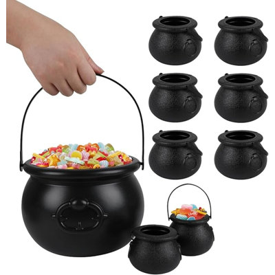 Black Candy Cauldron, 8 Mini & 1 Large 7.7" Plastic Kettles Buckets With Handle Witch Cauldron Pot For Kids Halloween St. Patrick's Party Favors