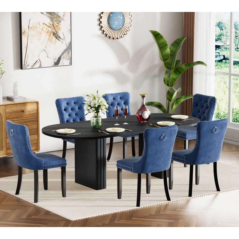 Extendable Dining Table Set, Rustic Oval Dining Room Table & Velvet Dining Chairs with Wood Leg, 62.99" -78.74" Dining Table and Chairs Set, Modern Dining Table Set