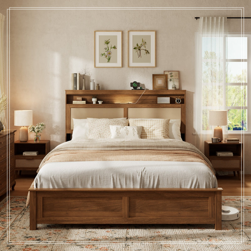 Cadre de lit Queen Size avec tête de lit en rotin et lampe de lecture DEL intégrée, Grand lit