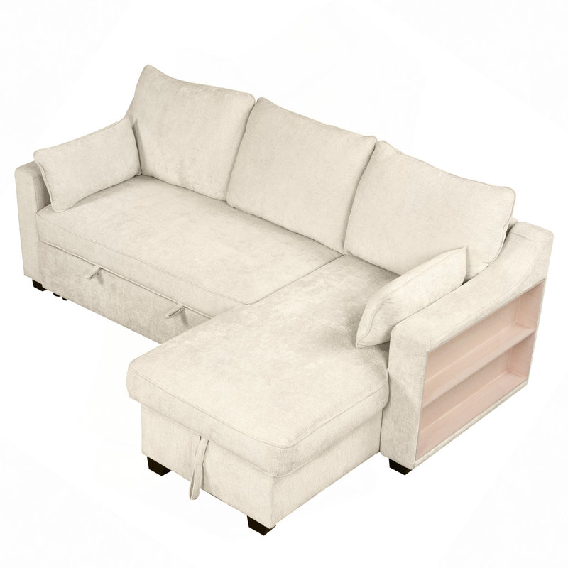 Canapé modulaire, canapé-lit escamotable en L de 90 po avec méridienne, rangement et supports USB, Beige