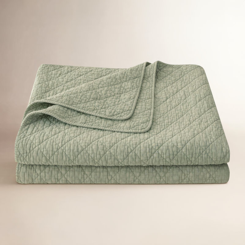 Stonewashed Cotton Gauze Solid Color Classic Casual Modern Rustic Quilt Set, Celadon, Twin Quilt + 1 Standard Sham