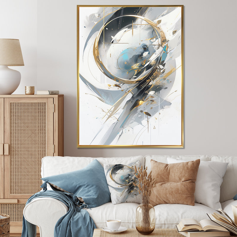 «Turquoise and Gold Mosaic Echoes I», reproduction d'art sur toile, Cadre flottant doré, H 32 po x l 16 po x P 1 po